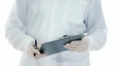 Scientist hands in rubber gloves writing in Clipboard HD