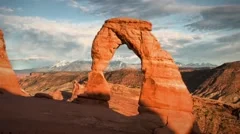 (1261) Delicate Arch sunset mountains timelapse Arches National Park Moab Utah