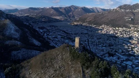 0070 Como lakecomo baradello castle  snow mountain Stock Footage 85274417