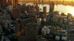 Aerial of New Jersey and Downtown Manhattan Skyline at Sunset, NY, USA
