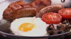 English breakfast: bacon, egg, sausage etc. in frying pan