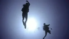 Silhouette view scuba diving couple
