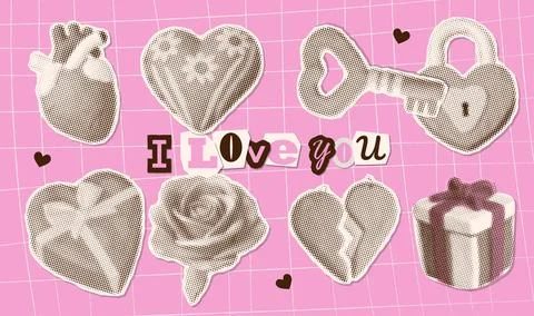 00s Collage elements for Valentine s Day cut from paper stickers with vintage イラスト素材