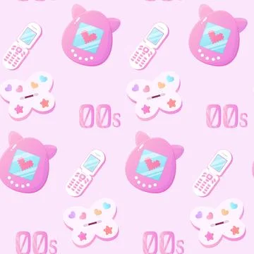 00s, y2k seamless pattern, tomagotchi, phone, cosmetics Stock Illustration