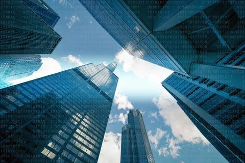 01 or binary data on skyscrapers, computer screen, futuristic city background イラスト素材
