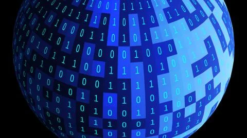 01 or binary numbers ball or sphere isolated on black. The computer screen on 库存照片