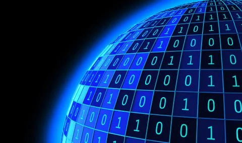 01 or binary numbers ball or sphere isolated on black. The computer screen on 库存照片