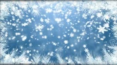 Winter background with falling snowflakes, fur-tree branches