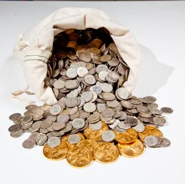 linen bag of old pure silver coins used to invest in silver as a commodity with a selection of golden eagle gold coins xkwx bag,bank,bullion,carat,cash,cent,cloth,coin,coins,commodity,currency,dimes,dollar,eagle,finance,fortune,gold,golden,hoard,investment,isolated,jackpot,many,metal,money,old,pile,pot,price,pure,retirement,rich,sack,savings,silver,spill,sterling,studio,treasure,valuable,vintage,wealth,white