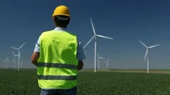 Engineer Man Checking Wind Power Modern Turbines Energy Production Eco Windmills