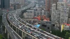 Aerial View Shanghai Skyline China Heavy Car Traffic Busy City Highway timelapse