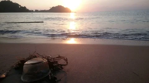 02 sunrise polluted beach Stock Footage 145722804
