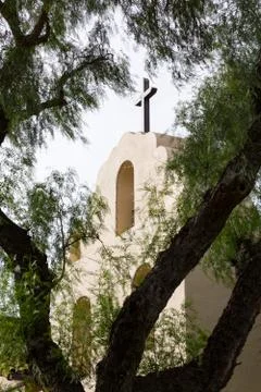 Mission Santa Ines in California exterior on sunny day with clouds ...
