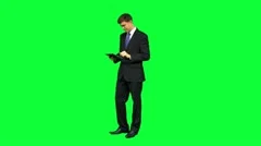Young Caucasian Businessman Wireless Tablet Green Screen