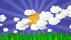 Animation of clouds and sun with star-burst and grass