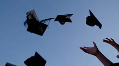 Graduation caps are tossed into the air on a bright sunny day
