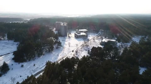 0234 Winter, abandoned multi-storey buildings, forest around, copter Видео 155212195