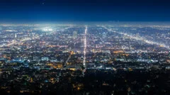 City of Los Angeles cityscape skyline panorama at night. Timelapse.