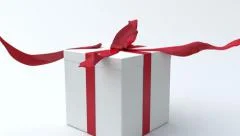 White gift box with red ribbon opening.