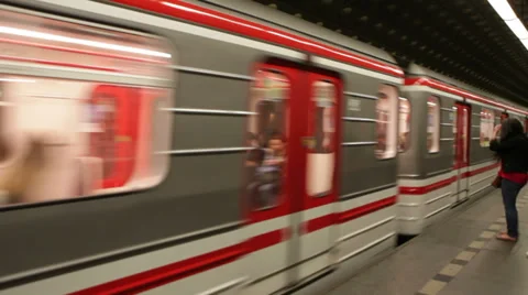 0254 Prague. Metro train in motion. European metro transit vehicle in st Stock Footage 33756271