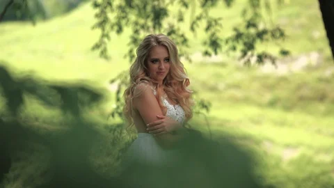 025Young beautiful bride posing in the park in summer day. Wedding day. Stock Footage 95463488