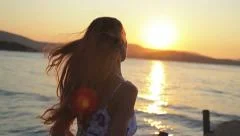 Sunset Woman Running Ocean Reflection Sun Summer Vacation