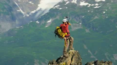 Aerial Top of the World view of successful Peak climber, Alaska, USA