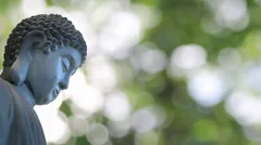 Bronze Buddha in Meditation Pose on Shimmering Green Blurred Background