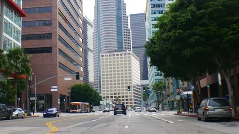 03 4K MOTION Downtown LA Tall Buildings Traffic Moving Slowly DTLA Footage Stock Footage 165626034