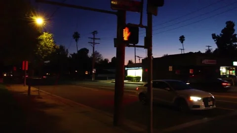 03 4K NIGHT PAN RT Low Angle LA Drone Footage, Car Stop Light, Traffic Passi Stock Footage 176210865
