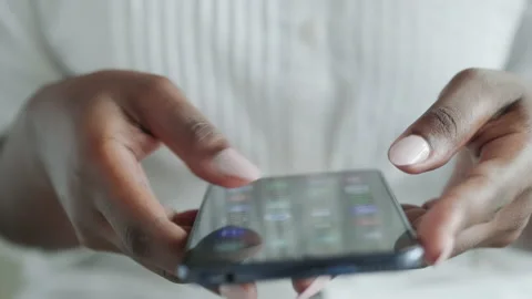 03 Black Girl Using Mobile Phone Fingers On Telephone Screen Stock Footage 130268873