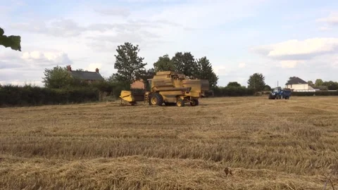 03 Combine and Tractor in stubble field after harvest 2019 Stock Footage 143393982