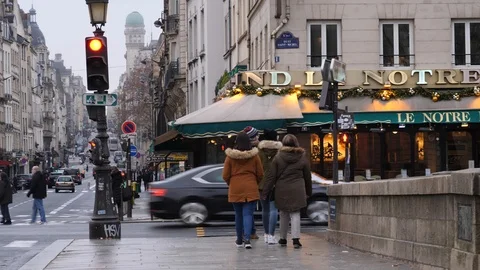 03 Rainy gray winter day Paris Notre Dame cathedral ringing bells sound Stock Footage 100814871