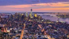 New York City skyline panorama. Sunset to night timelapse.