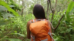 Hiking woman trekking in rainforest