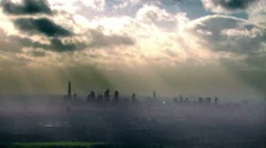 Aerial view of the London skyline on a hazy autumn morning.