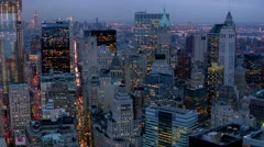 Manhattan financial district at dusk, aerial shot