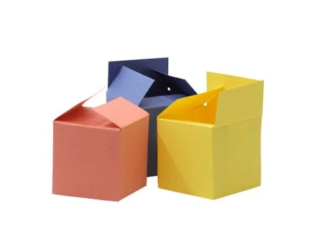 Three colored paper boxes on white background isolated with clipping ...