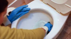 a woman scrubs a toilet