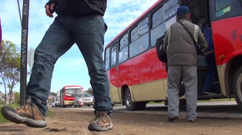 0349 People getting off the bus Stock Footage 36573721