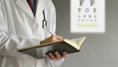 Male ophthalmologist doctor writing prescription after eye examination.