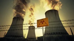 Nuclear power plant cooling towers. Radioactive sign.Sunset