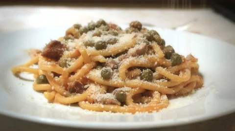 0394 Spaghetti with meat, tomato  and green peas Stock Footage 40397526