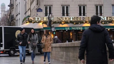 04 Rainy gray winter day Paris young people walk near Notre Dame restaurant Stock Footage 100814816