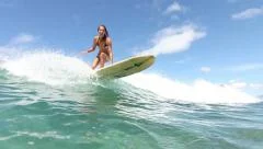 Slow Motion Surfer Girl Riding Wave