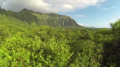 Aerial fly over Hawaii lush forrest and mountain ridge