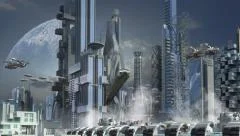 Futuristic city with skyscrapers and hoovering aircrafts