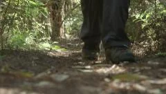 Close up of a hiker's feet walking through the forest in hiking boots.