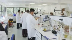 Time lapse science Lab & scientists working on cosmetics, medicines & analysis