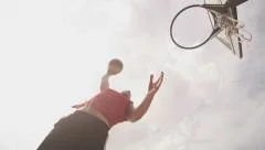 Basketball player making a slam dunk on a bright sunny day